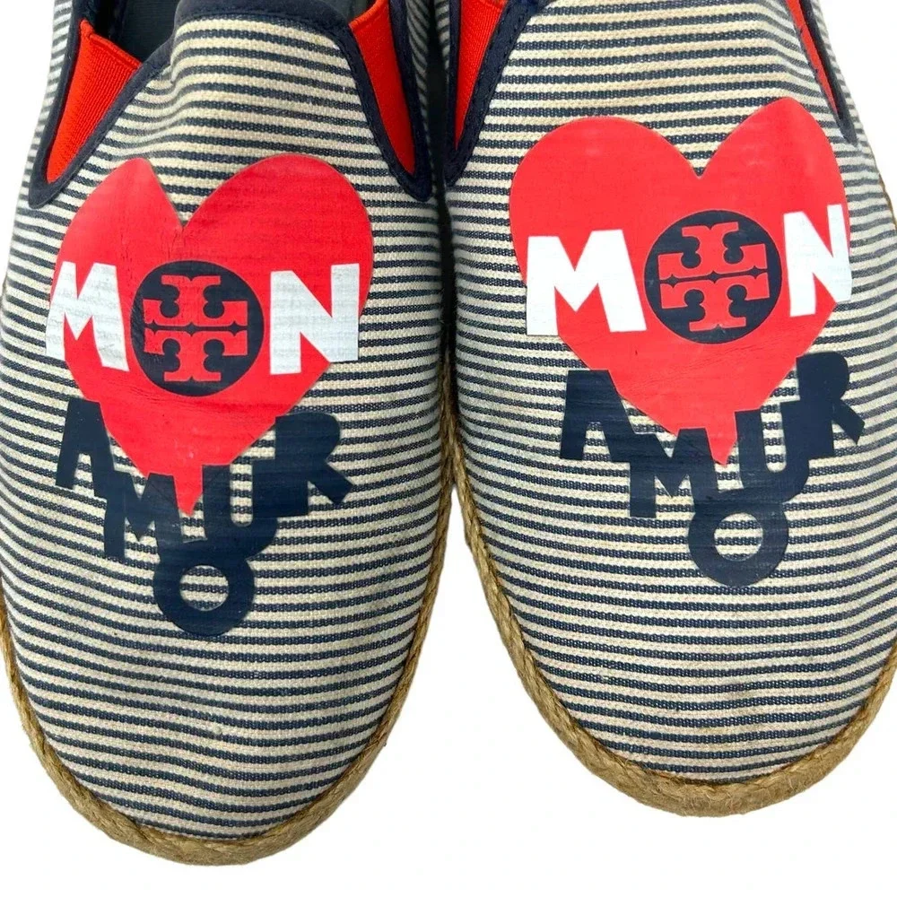 Tory Burch Mon Amour Navy Blue Red Stripe‎ Heart Espadrille Flats Size 10